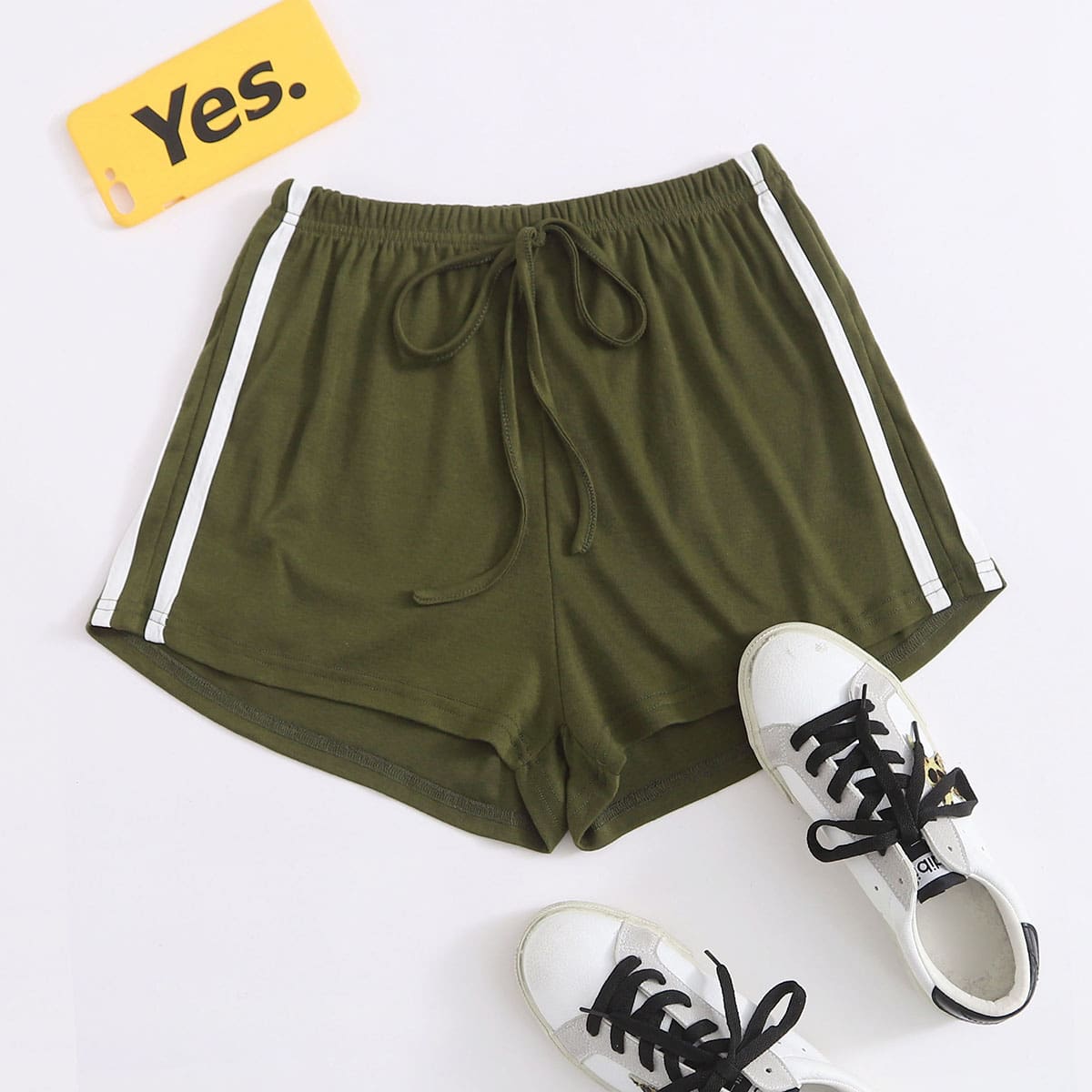 

Side Stripe Knot Front Sports Shorts, Army green
