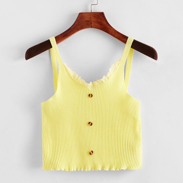 

Lace Insert Button Front Rib-knit Cami Top, Yellow pastel