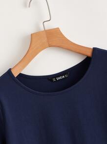 SHEIN LUNE Áo thun Xù màu trơn Hải quân Giải trí - Màu xanh hải quân - Xem 4