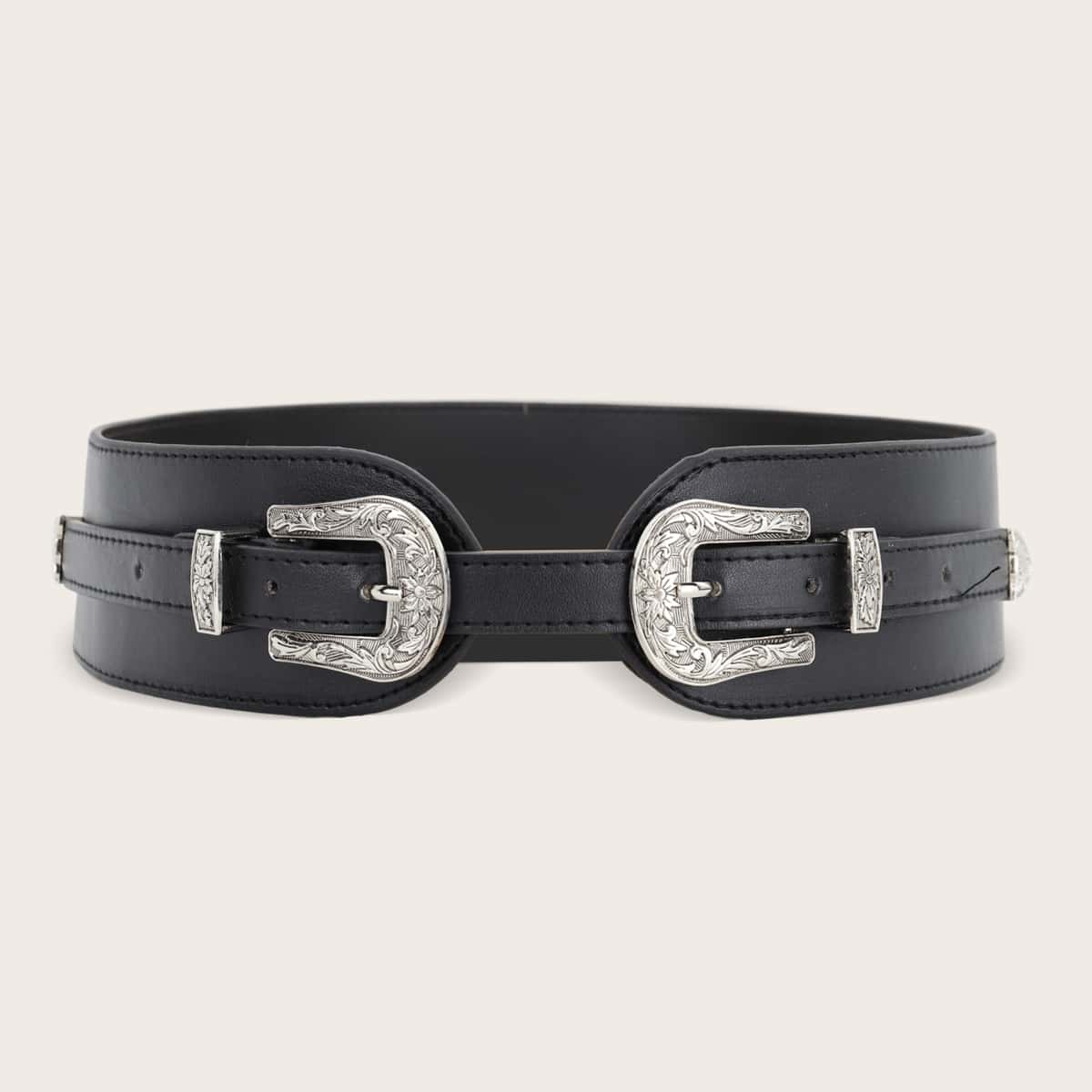 

Flower Engraved Buckle Wide Belt, Black