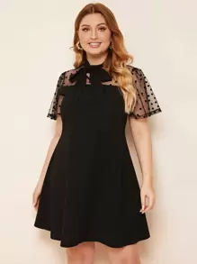 SHEIN Privé Plus Tie Neck Dobby Mesh Yoke Dress - Black - View 1