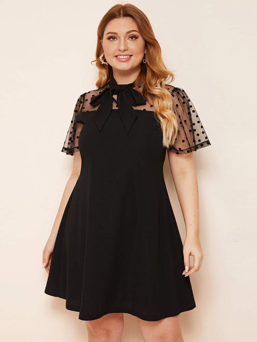 SHEIN Privé Plus Tie Neck Dobby Mesh Yoke Dress - Black - View 1