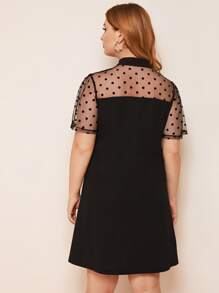 SHEIN Privé Plus Tie Neck Dobby Mesh Yoke Dress - Black - View 2