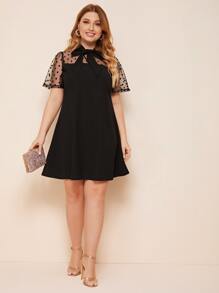 SHEIN Privé Plus Tie Neck Dobby Mesh Yoke Dress - Black - View 3