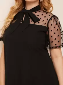 SHEIN Privé Plus Tie Neck Dobby Mesh Yoke Dress - Black - View 5