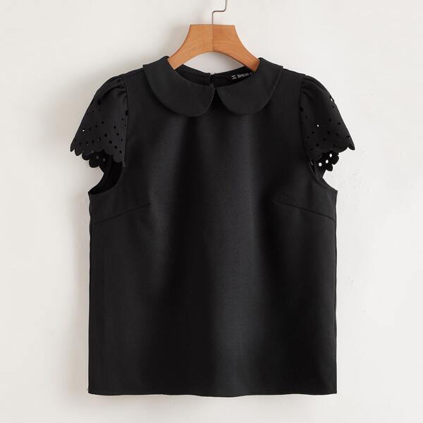 

Peter Pan Collar Scallop Trim Laser Cut Sleeve Top, Black
