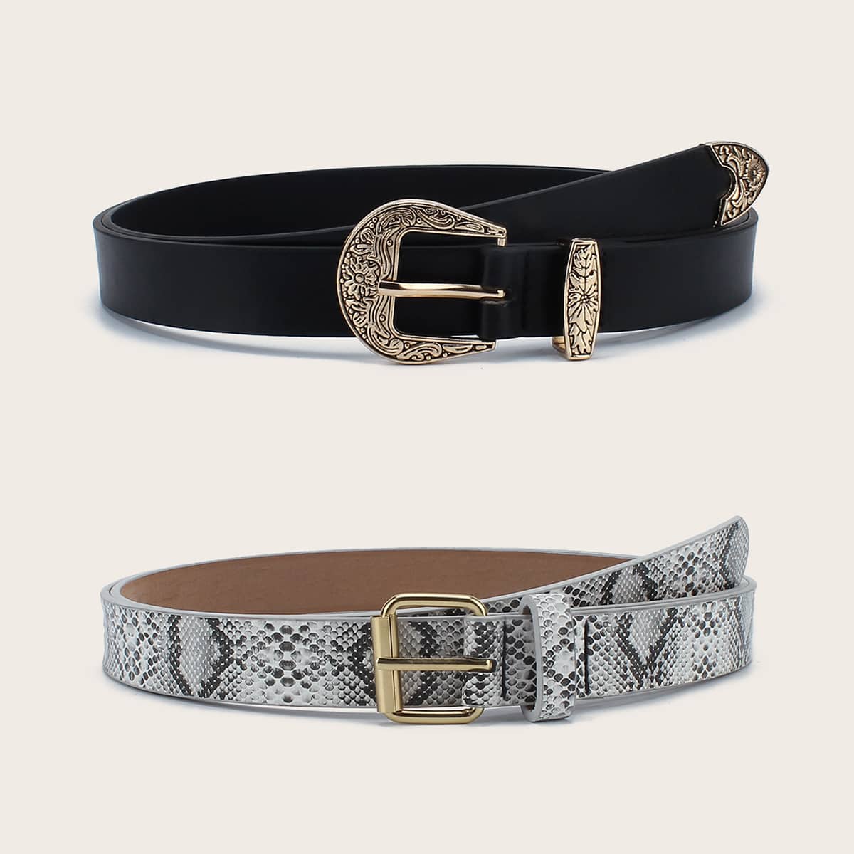 

2pcs Snakeskin Pattern Buckle Belt, Multicolor
