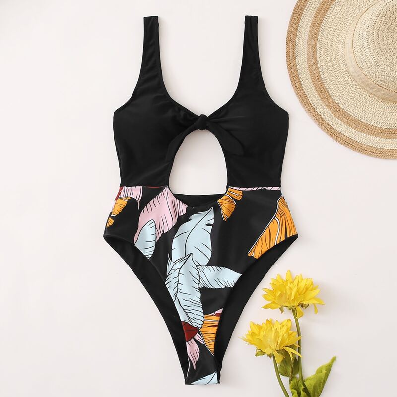

Tropical Cut-out Knot Front One Piece Swimsuit, Black
