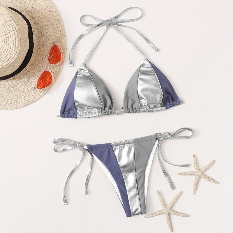 

Color Block Triangle Tie Side Bikini Swimsuit, Multicolor