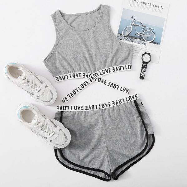 

Letter Tape Crop Tank Top & Dolphin Shorts, Grey