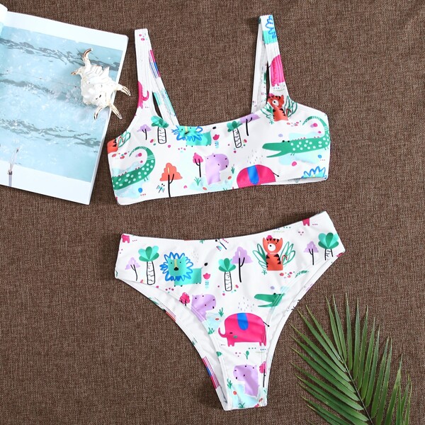 

Cartoon Animal Print Bikini Swimsuit, Multicolor