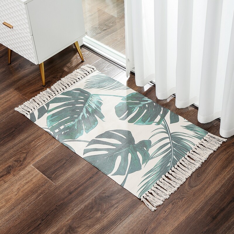 

1pc Palm Leaf Print Tassel Trim Floor Mat, Multicolor
