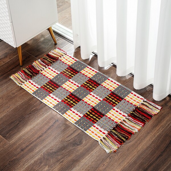 

1pc Plaid Tassel Trim Floor Mat, Multicolor