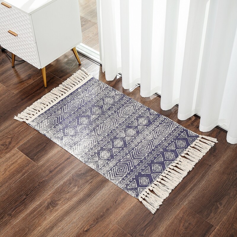 

1pc Geometric Print Tassel Trim Floor Mat, Blue