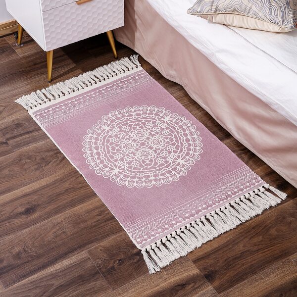 

1pc Vintage Flower Print Tassel Trim Carpet, Pink