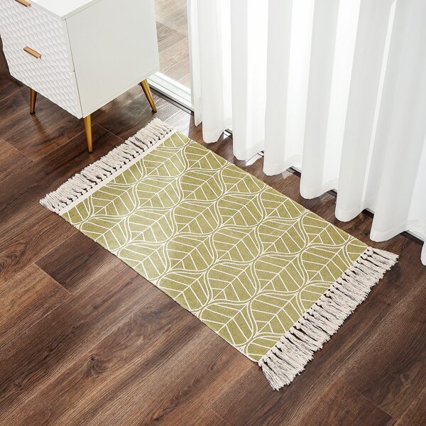 

1pc Leaf Print Tassel Trim Carpet, Green