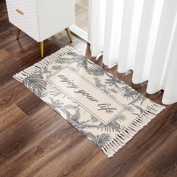 

1pc Leaf & Slogan Print Tassel Trim Carpet, Black and white