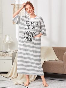 SHEIN 字母圖案口袋貼布條紋睡衣 - 彩色 - 查看 4
