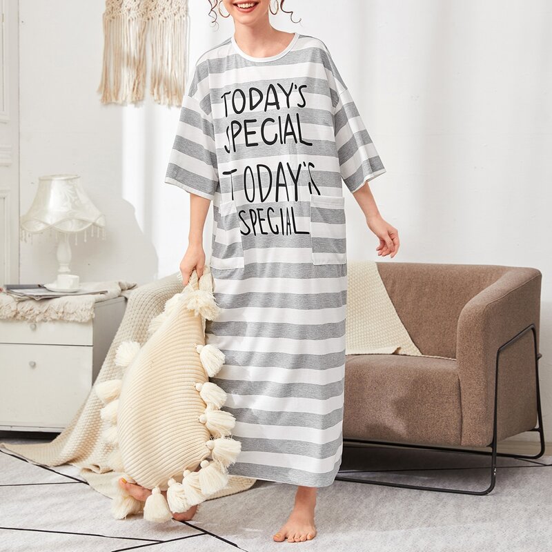 

Letter Print Pocket Patch Striped Nightdress, Multicolor