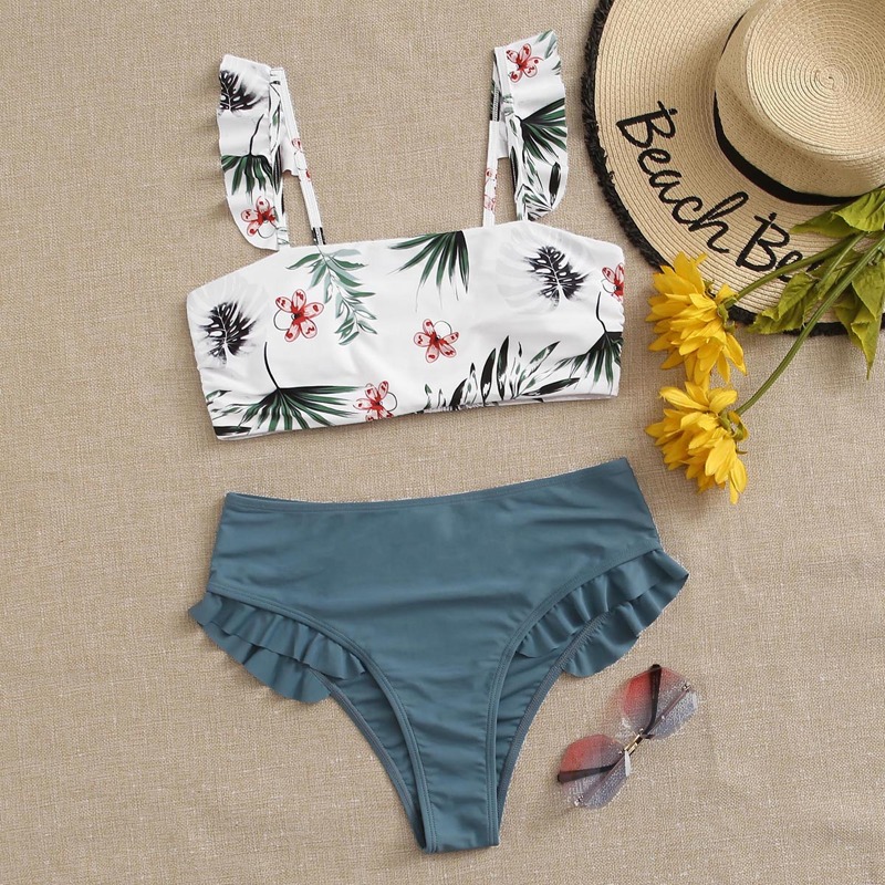 

Tropical Ruffle Trim Bikini Swimsuit, Multicolor