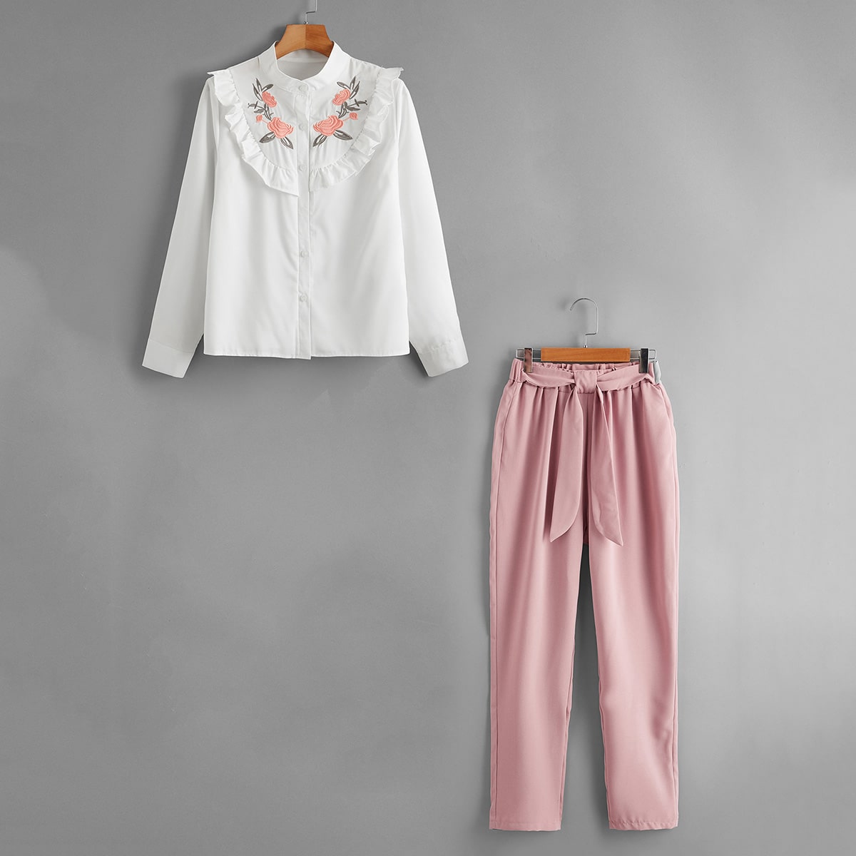 Floral Embroidery Ruffle Trim Blouse & Belted Pants thumbnail