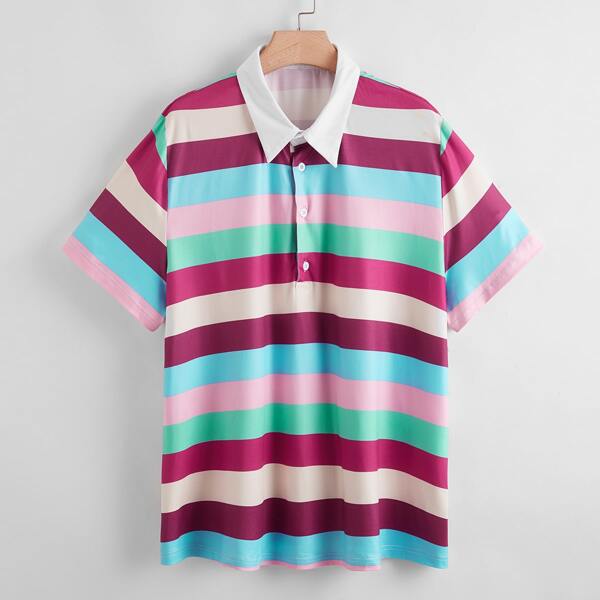

Plus Contrast Collar Color Striped Tee, Multicolor