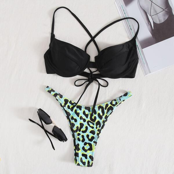 

Leopard Underwire High Leg Bikini Swimsuit, Multicolor