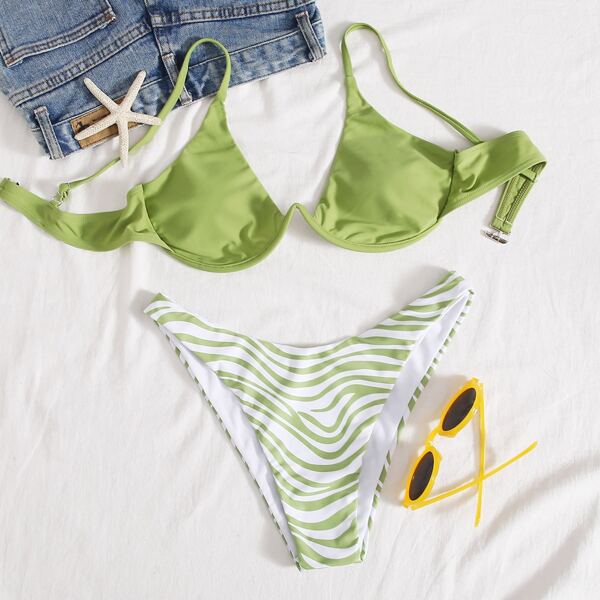 

Zebra Stripe Underwire High Cut Bikini Swimsuit, Green
