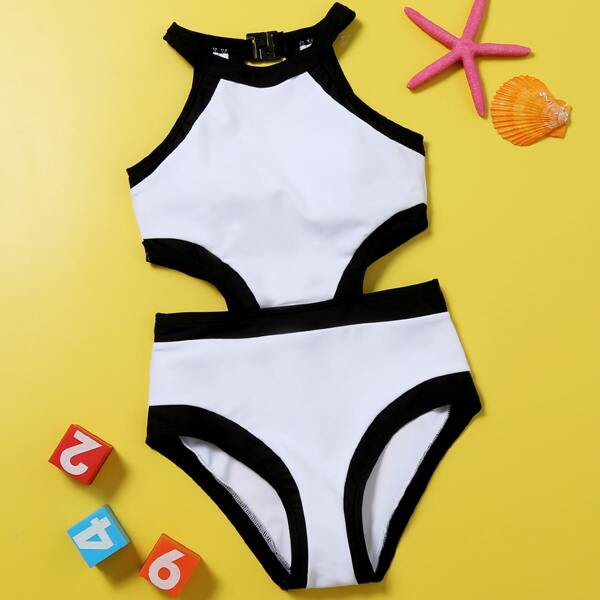 

Girls Contrast Binding Cut-out One Piece Swimsuit, Black and white