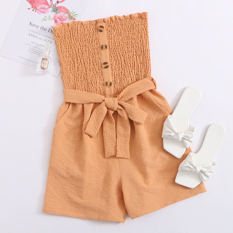 

Textured Shirred Bodice Belted Romper, Orange