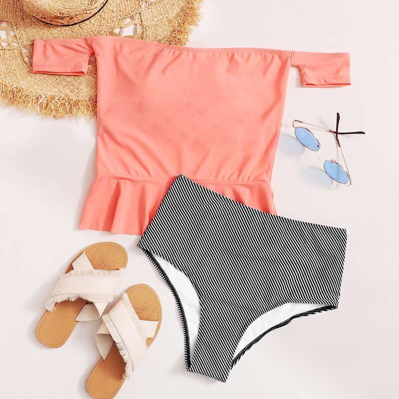 

Striped Ruffle Hem Bardot Bikini Swimsuit, Multicolor