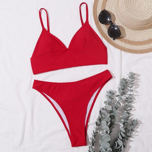 

Solid High Waisted Bikini Swimsuit, Red