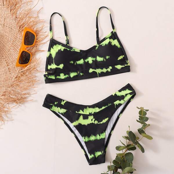 

Tie Dye High Cut Bikini Swimsuit, Black