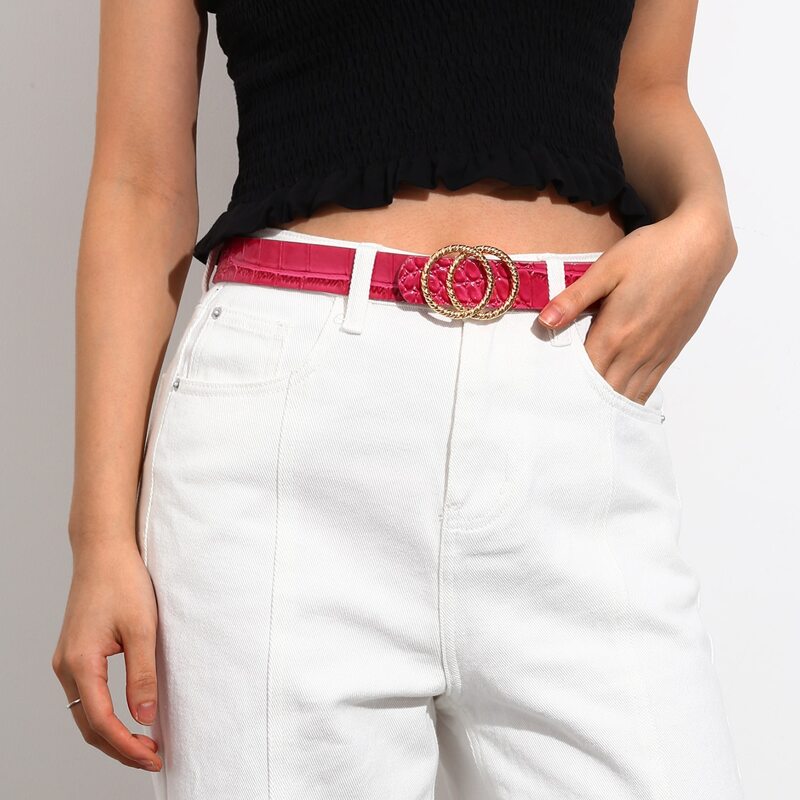 

Croc Pattern Double O-ring Buckle Belt, Hot pink