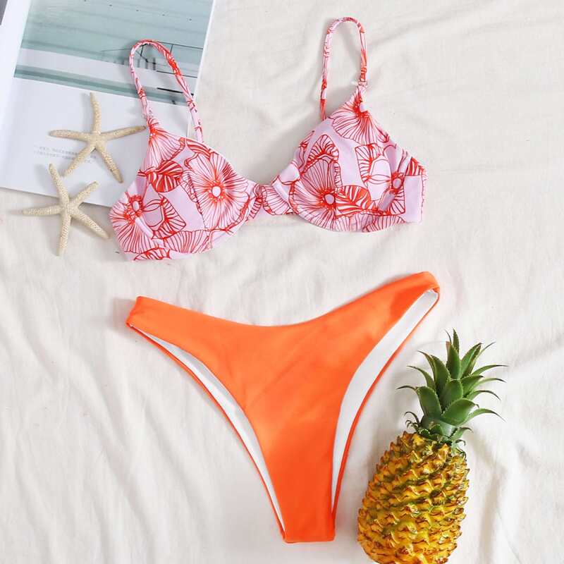 

Floral Underwire High Leg Bikini Swimsuit, Multicolor
