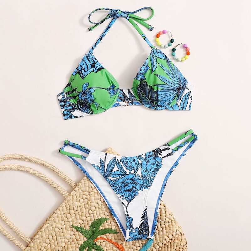 

Floral Underwire Halter Bikini Swimsuit, Multicolor