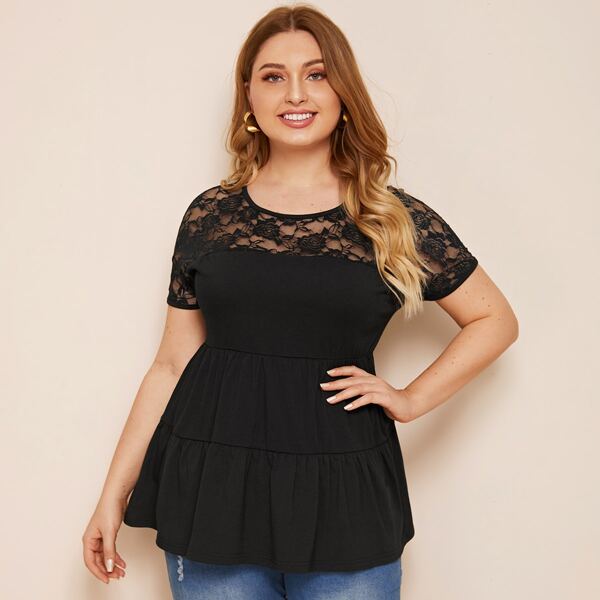 

Plus Contrast Lace Ruffle Hem Smock Tee, Black