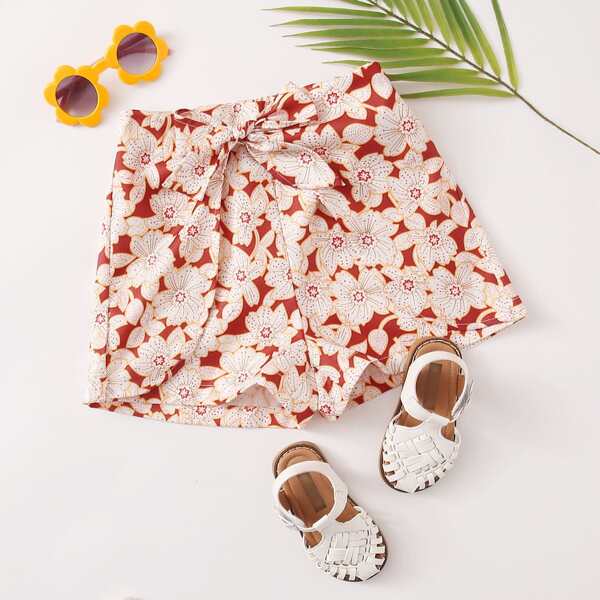 

Girls Floral Print Wrap Tie Front Shorts, Red