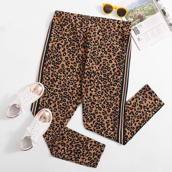 

Plus Wide Waistband Striped Side Leopard Leggings, Multicolor
