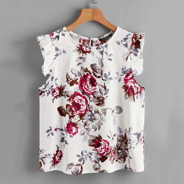 

Ruffle Trim Floral Print Top, White