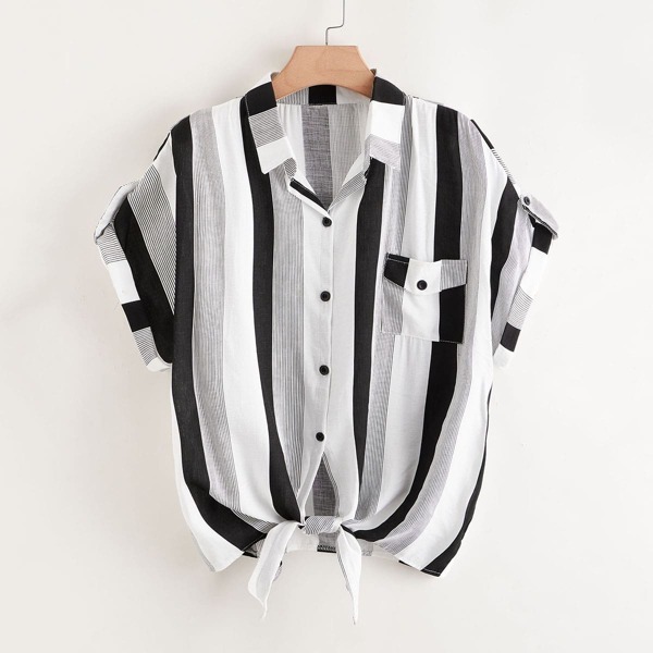 

Plus Multi-Striped Knot Hem Blouse, Multicolor