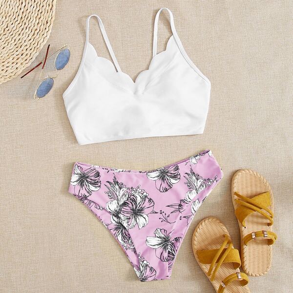 

Floral Scallop Trim Bikini Swimsuit, Multicolor