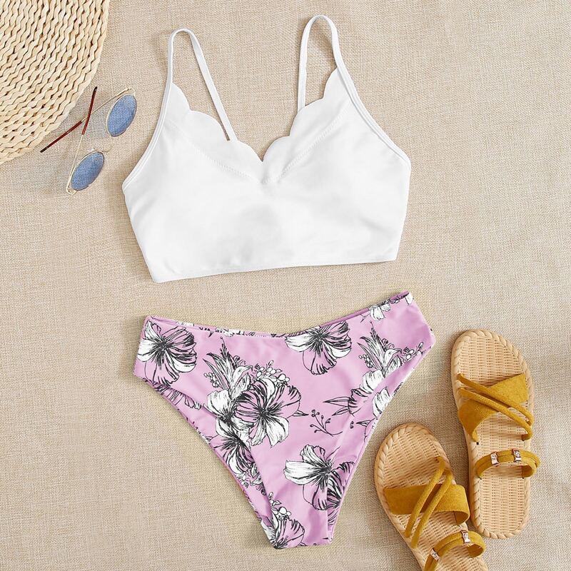 

Floral Scallop Trim Bikini Swimsuit, Multicolor