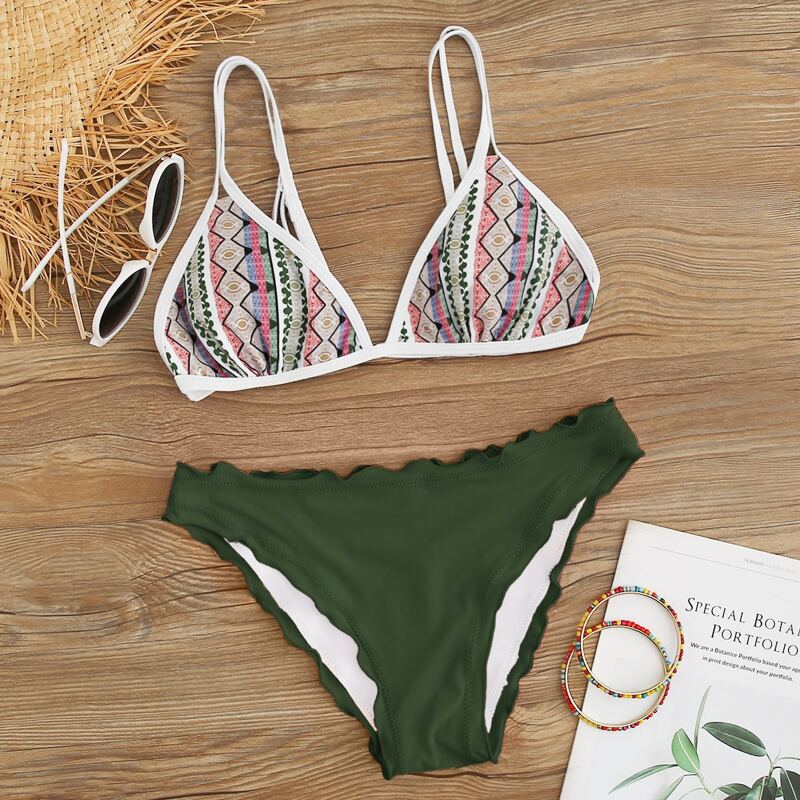 

Tribal Lettuce Trim Triangle Bikini Swimsuit, Multicolor
