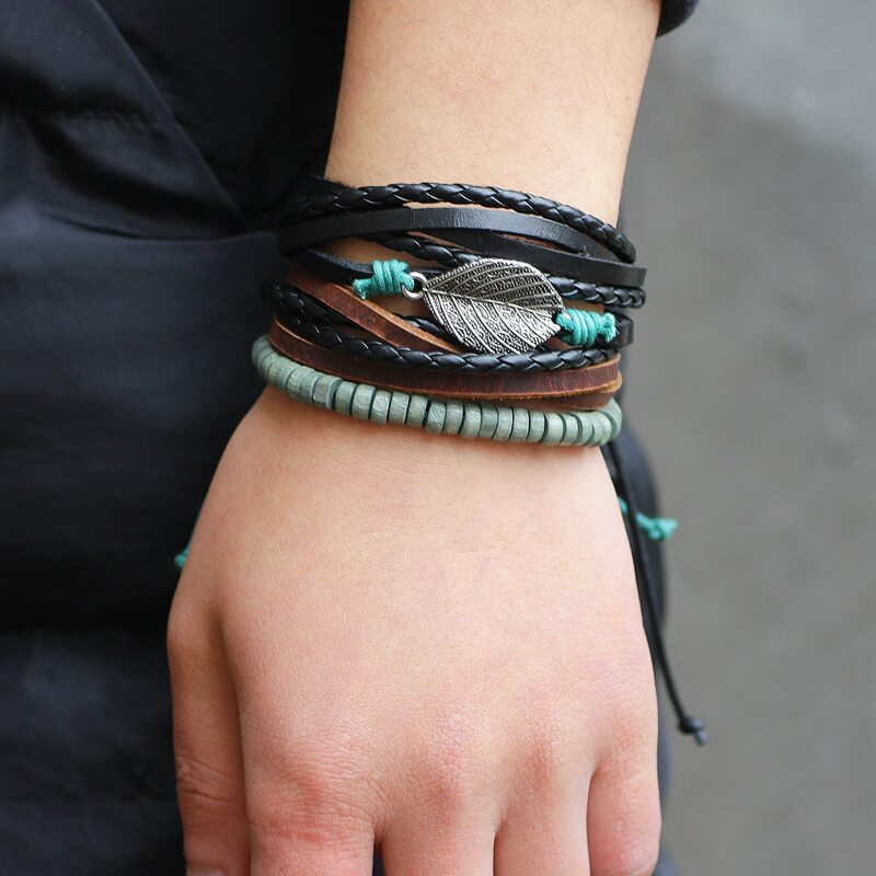 

3pcs Guys Leaf Decor Bracelet, Black