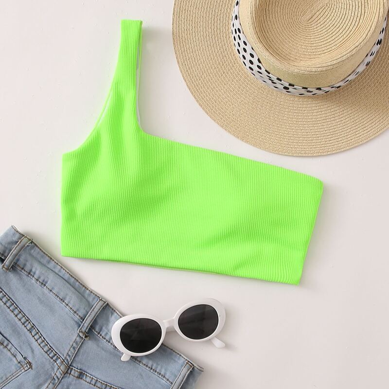 

Neon Green One Shoulder Bikini Top, Green bright