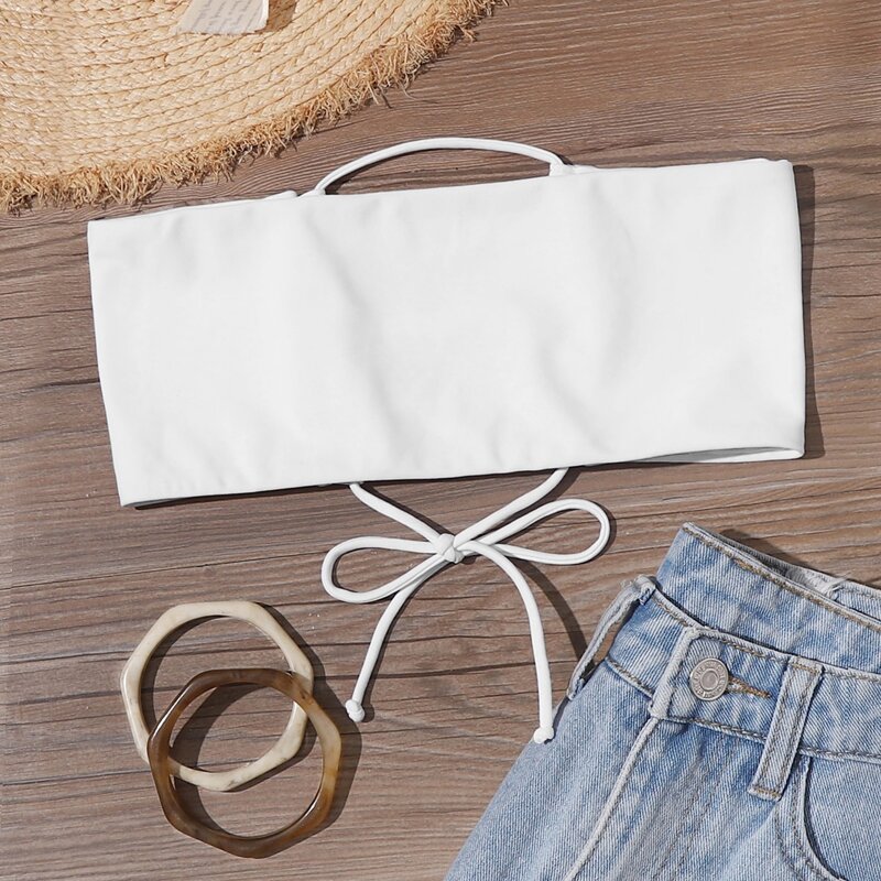 

Lace-up Back Bandeau Bikini Top, White