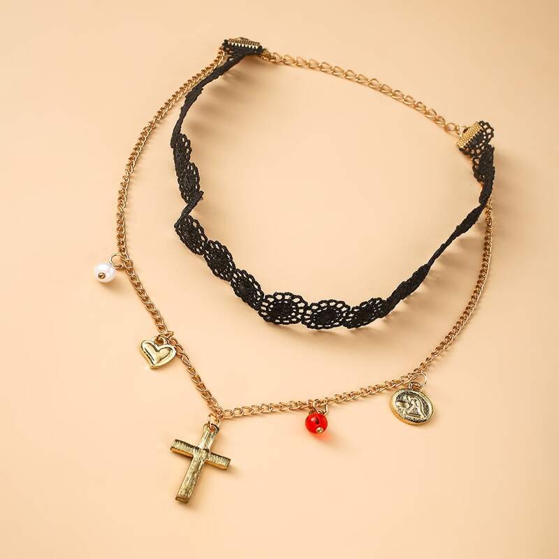 

Cross Charm Layered Necklace, Multicolor