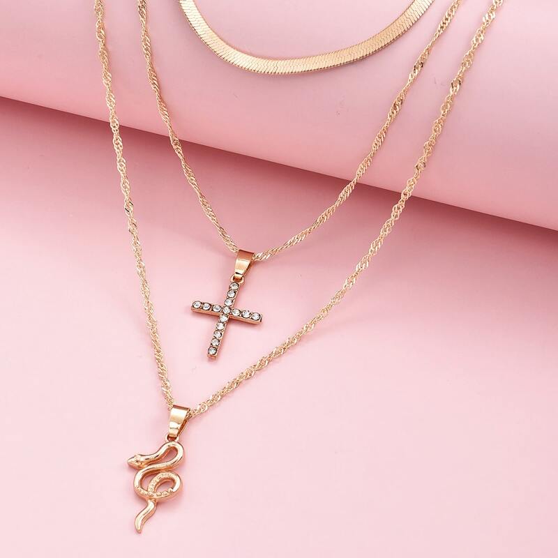 

Cross Charm Layered Necklace, Gold
