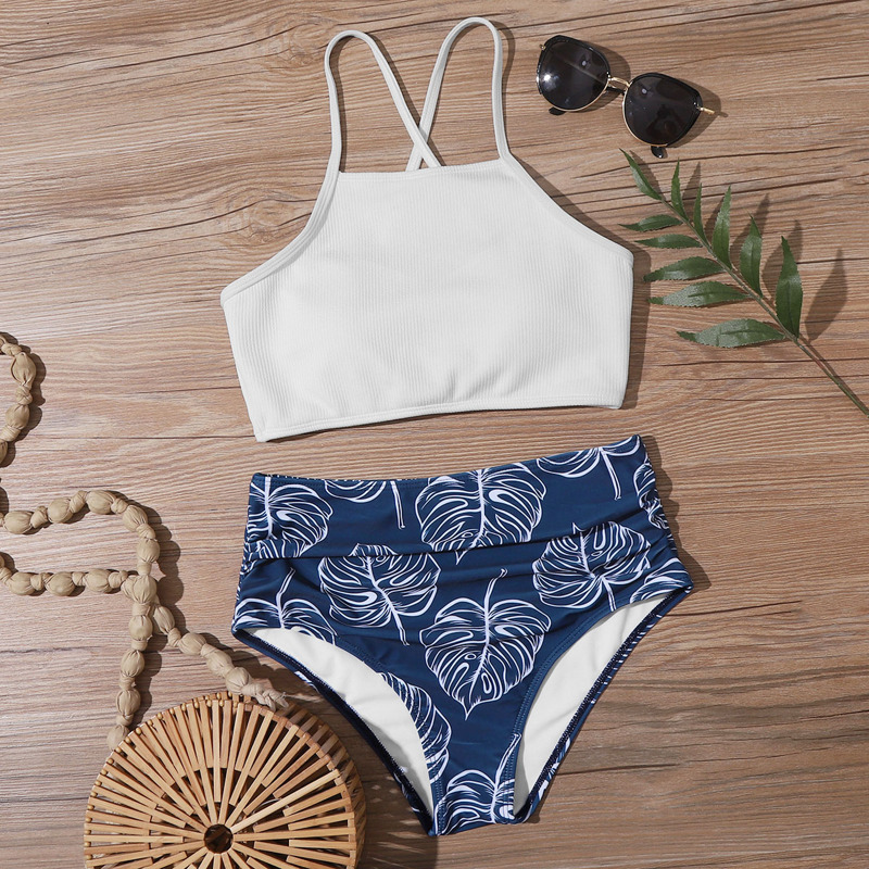 

Leaf Ruched High Waist Bikini Swimsuit, Multicolor